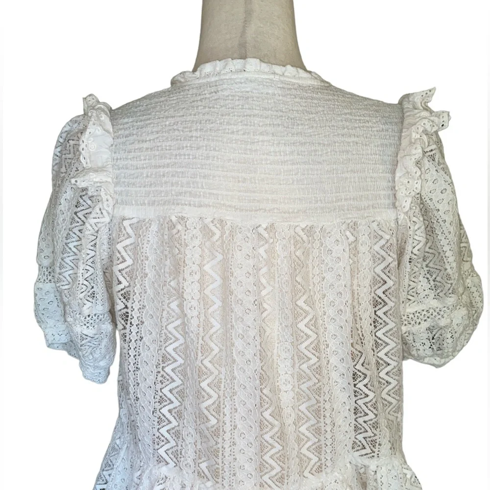 Mango MNG White Eyelet Lace Smocked Ruffle Tie Front Tassel Cropped Blouse - XS - Picture 7 of 9